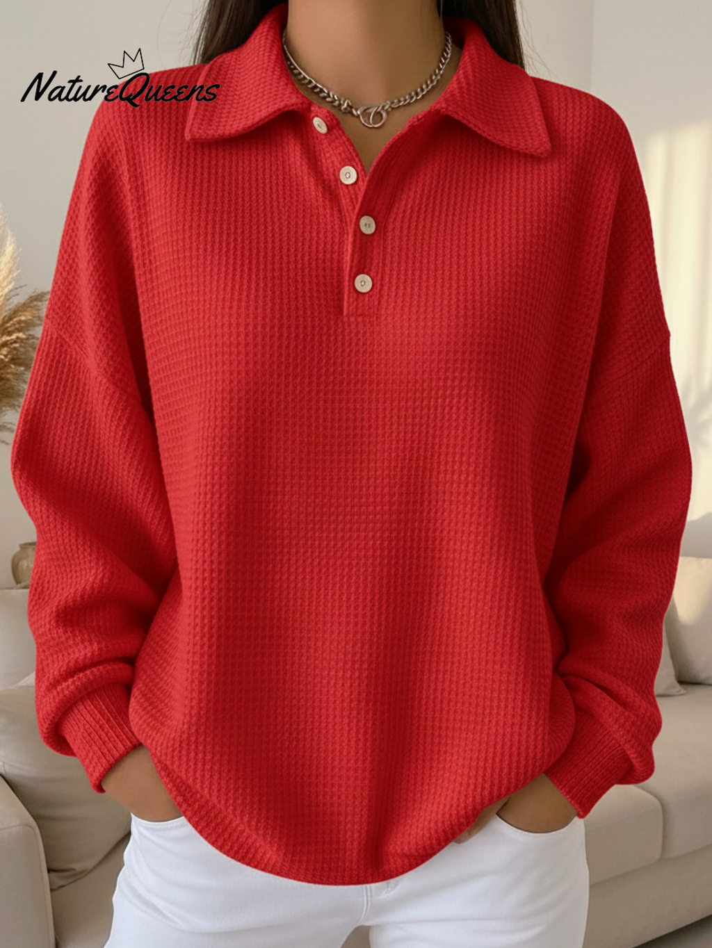 Women's Casual Polo Button Waffle Top Sweatshirt