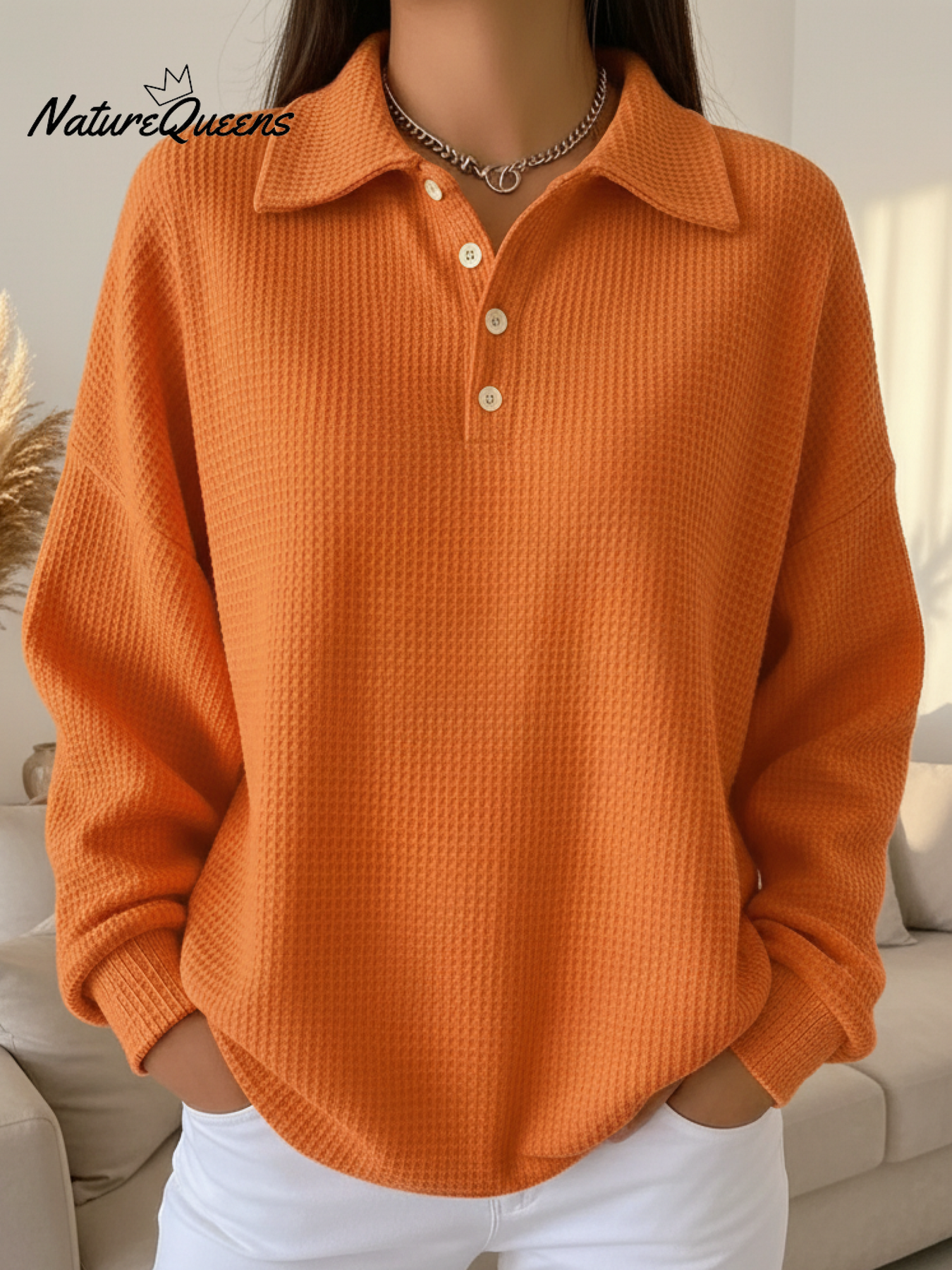 Women's Casual Polo Button Waffle Top Sweatshirt